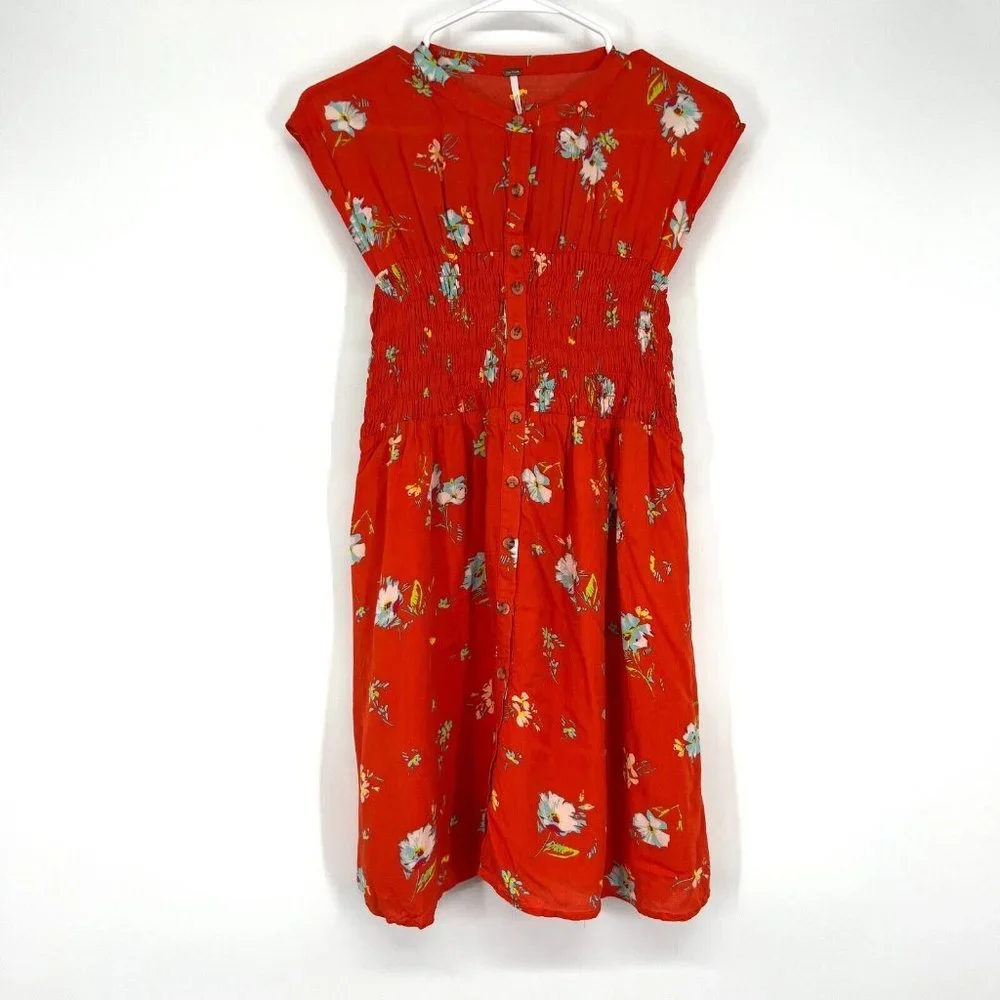 Free People Dress Greatest Day Smocked Button Down Orange Floral Mini
